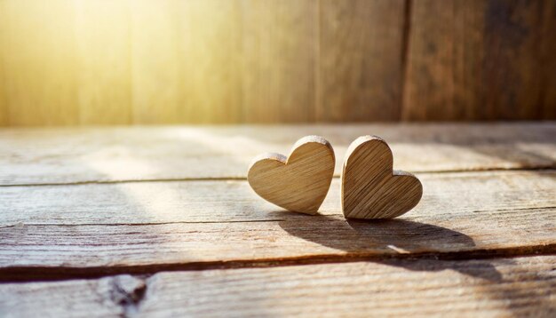 concepto de día de San Valentín con dos corazones de madera en una mesa rústica bañada en la cálida luz del sol evocando lo