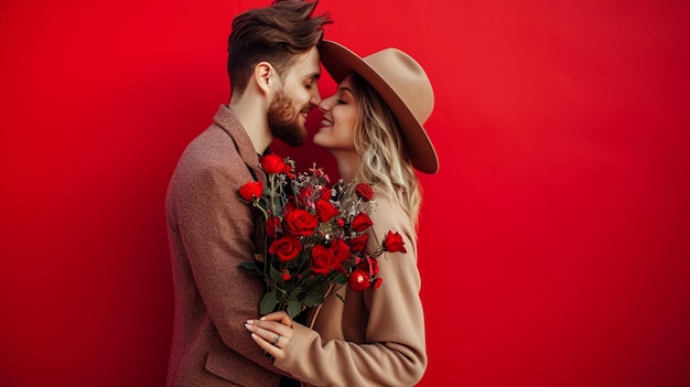 El concepto del día de San Valentín Una pareja enamorada sobre un fondo rojo