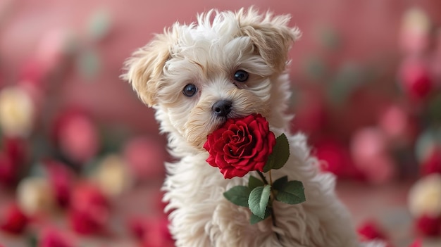 Concepto del día de San Valentín retrato gracioso perro cachorro lindo sosteniendo una flor de rosa roja