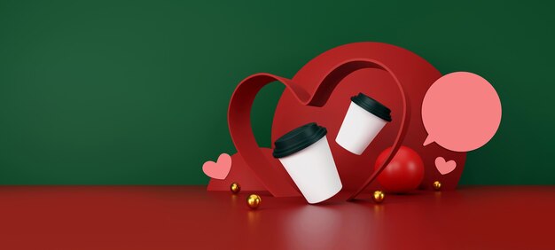 Concepto de día de San Valentín taza de café blanca sobre fondo verde y rojo Ilustración 3D