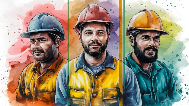 concepto del día del trabajo una pintura de tres hombres con cascos de construcción