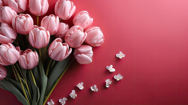 El concepto de los días de las mujeres con adornos florales y fondo rosa para el día de las mujeres del 8 de marzo