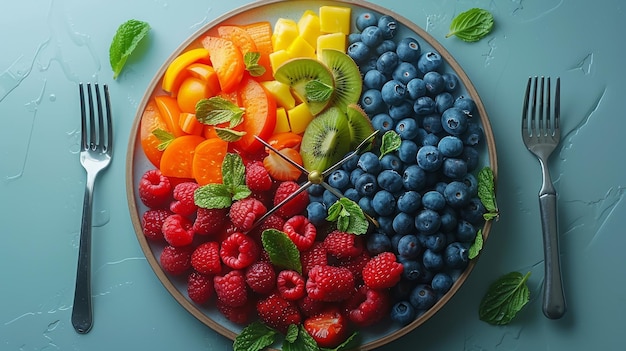 El concepto de dieta de ayuno intermitente pérdida de peso y hora del almuerzo está representado por comida colorida y cubiertos dispuestos en forma de reloj