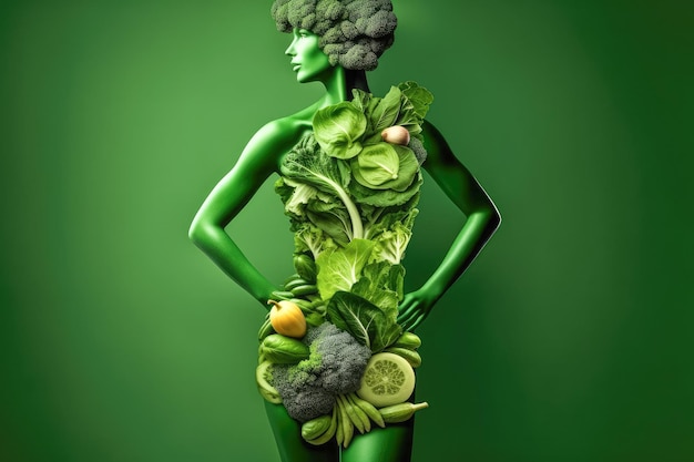 Concepto de dieta de mujer Silueta de mujer y verduras Concepto de estilo de vida saludable Generativo Ai