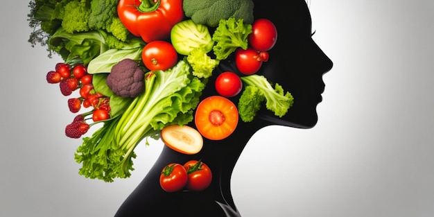 Concepto de dieta de mujer Silueta de mujer y verduras Concepto de estilo de vida saludable