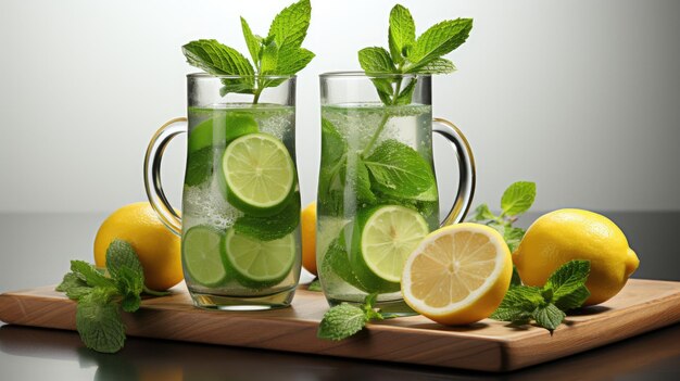 concepto de dieta de nutrición saludable Infundido con agua de menta de limón fresca y fresca sobre un fondo blanco