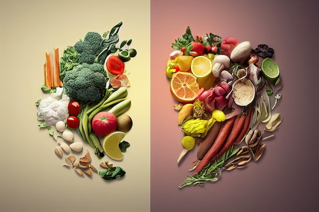 Concepto de dieta saludable con IA generativa de fondo de frutas y verduras