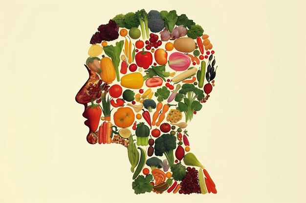 Foto concepto de dieta vegetal comida saludable de frutas persona salud cabeza cerebro ilustración de estilo de vida