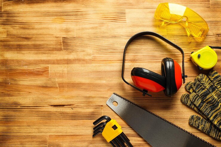 Foto concepto de diferentes suministros y herramientas de ingeniería de accesorios de trabajo.