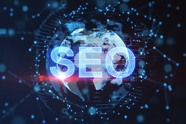 Concepto digital de SEO brillando sobre una red de globo estilizada Marketing y concepto de Internet Renderización 3D