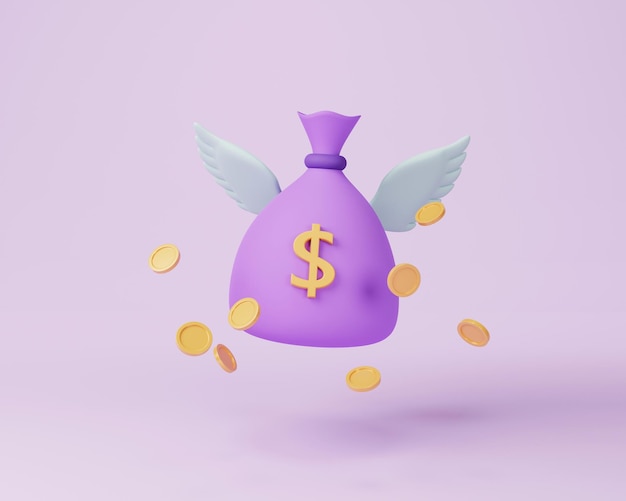Concepto de dinero 3d bolsa voladora de dinero monedas pila y paquete de dinero