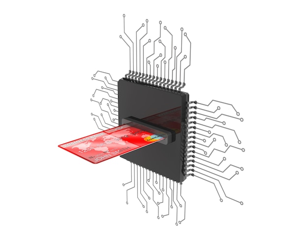 Concepto de dinero digital. Tarjeta de crédito sobre microchips con circuito sobre un fondo blanco.