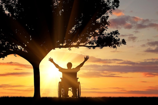 Concepto de discapacidad y enfermedad. Silueta feliz inválido bajo las ramas de un árbol al atardecer