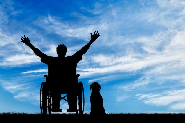 Concepto de discapacidad y enfermedad. Silueta feliz persona discapacitada en silla de ruedas junto al perro en el fondo del cielo