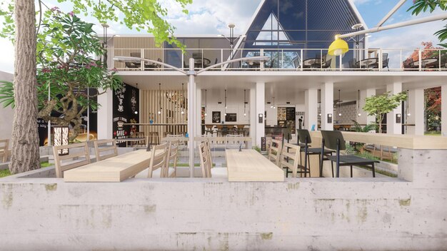 Concepto de diseño arquitectónico de cafetería con maqueta de menú de banner e ilustración 3d de lámpara