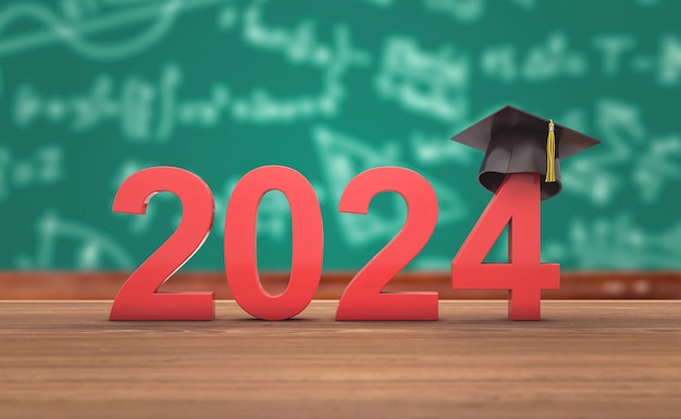 Concepto de diseño creativo de año nuevo 2024 con libros y sombrero Imagen renderizada en 3D