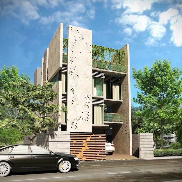 Concepto de diseño exterior de reded 3D de casa triplex moderna