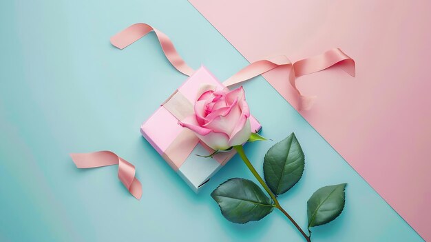 concepto de diseño con flor de rosa rosa y caja de regalo en fondo de mesa de color vi generativa AI