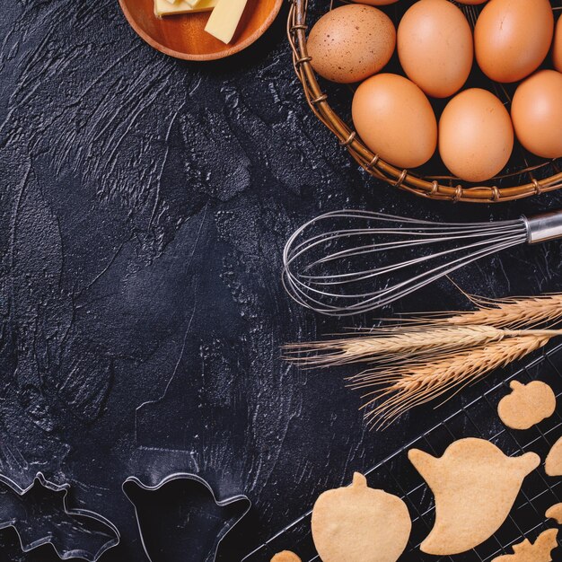 Concepto de diseño de hacer galletas de Halloween para hornear ingredientes de la receta diseño de preparar la vista superior de la fiesta espacio de copia en blanco sobre la cabeza plana