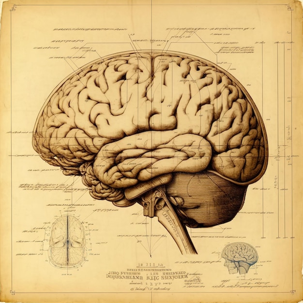 Foto concepto de diseño de ilustración de cerebro humano estilo médico vintage en 3d