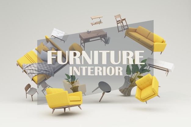 concepto de diseño interior Venta de decoraciones para el hogar y muebles Durante las promociones y descuentos está rodeado de camas sofás sillones y espacios publicitarios pancarta fondo pastel 3d render