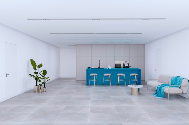 Concepto de diseño de interiores de estudio de cocina de loft blanco y azul moderno Representación 3D