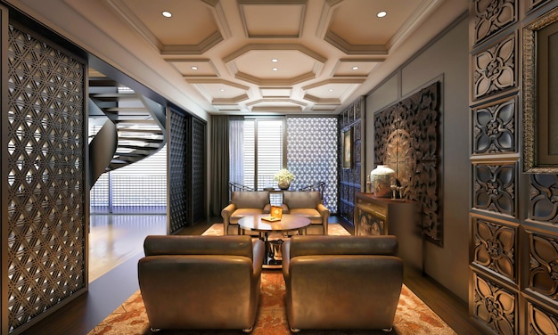 Concepto de diseño de interiores de sala de estar de apartamento de renderizado 3d