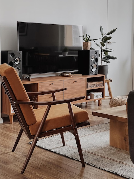 Concepto de diseño de interiores de sala de estar de hogar minimalista moderno Paredes blancas Altavoces de tv Piso de madera Planta de hogar Apartamento en alquiler