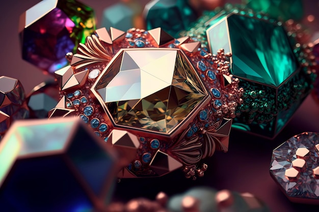 Concepto de diseño de joyas abstractas con diamantes y cristales IA generativa