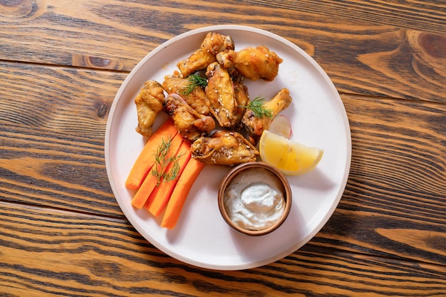 Concepto de diseño de menú Piernas de pollo al horno con limón y zanahorias