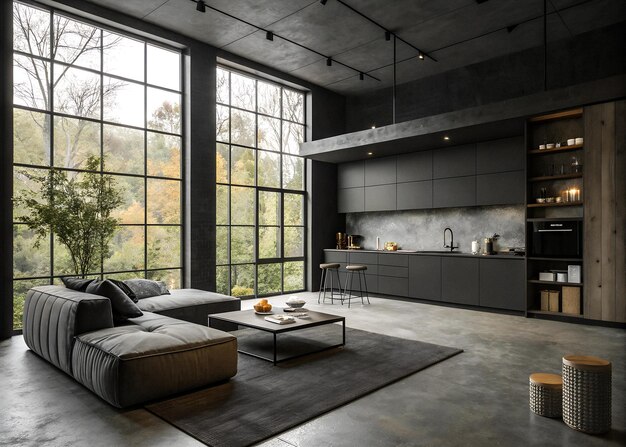 El concepto de diseño minimalista se representa en una representación 3D del interior de una habitación de estudio oscura con un sofá de isla y un piso de hormigón