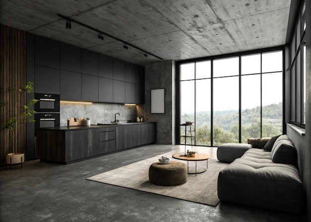 El concepto de diseño minimalista se representa en una representación 3D del interior de una habitación de estudio oscura con un sofá de isla y un piso de hormigón