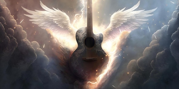 Concepto de diseño de una música en el cielo con una guitarra con alas en las nubes