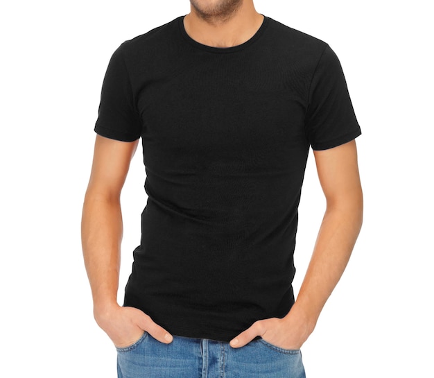 concepto de diseño de ropa - hombre guapo con camiseta negra en blanco