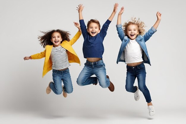 Foto concepto de diversión y movimiento de la infancia niños felices saltando sobre fondo blanco ai generado