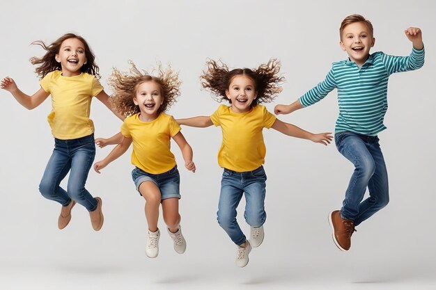 concepto de diversión y movimiento de la infancia niños felices saltando sobre fondo blanco ai generado