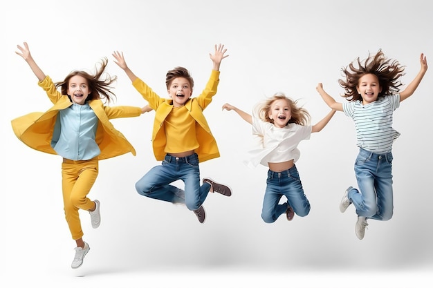 Foto concepto de diversión y movimiento de la infancia niños felices saltando sobre fondo blanco ai generado