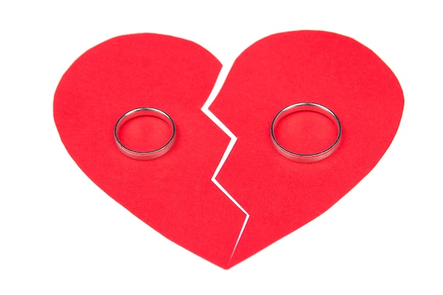 Concepto de divorcio - anillos de boda en rojo corazón roto aislado sobre fondo blanco.