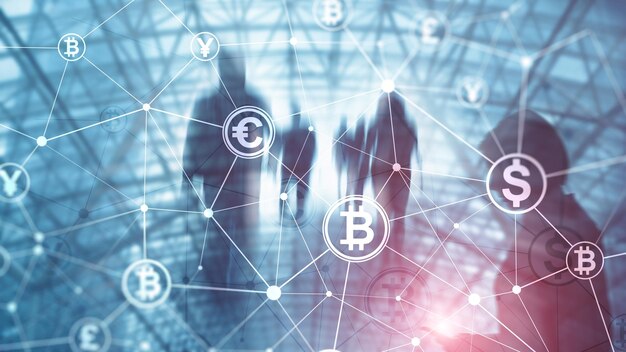 Concepto de doble exposición Bitcoin y blockchain Economía digital y comercio de divisas