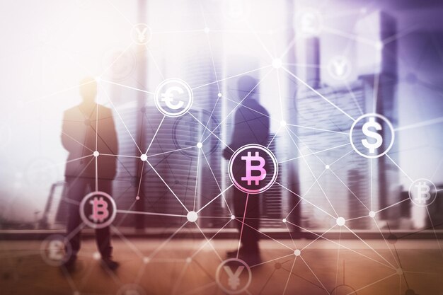 Concepto de doble exposición Bitcoin y blockchain Economía digital y comercio de divisas
