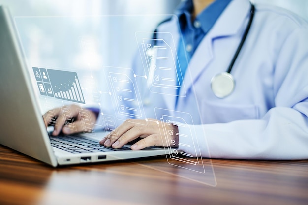 Concepto de documentos Médico uso de conexión informática servidor base de datos paciente para el tratamiento tecnológico en el hospital en Gestión de conceptos de documentos