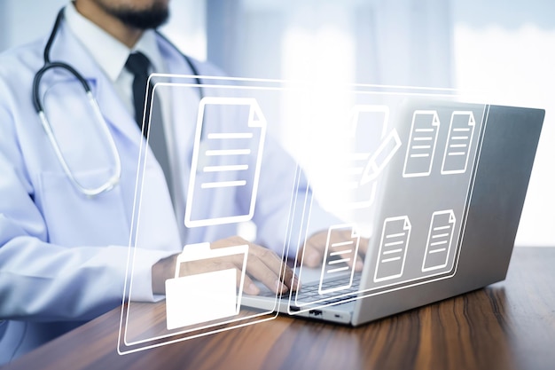 Concepto de documentos Médico uso de conexión informática servidor base de datos paciente para el tratamiento tecnológico en el hospital en Gestión de conceptos de documentos