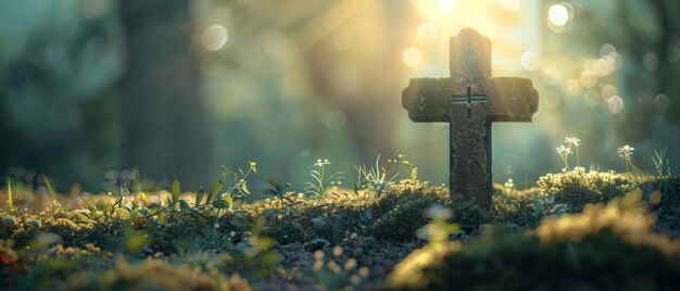 El concepto del Domingo de Ramos es un paisaje de puesta de sol de otoño con una silueta de cruz con hojas de palma