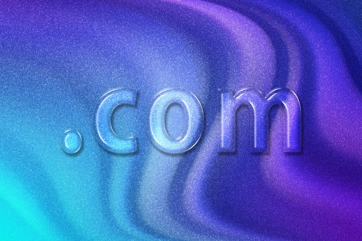 Foto concepto de dominio dot com registro dotcom identidad en línea sitio web violeta fondo azul violeta