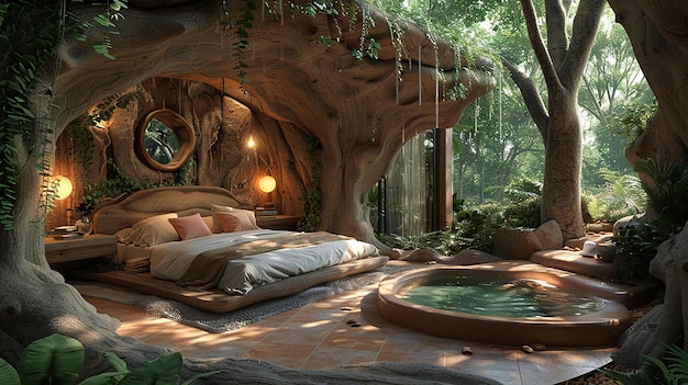Foto concepto de dormitorio de naturaleza respetuoso con el medio ambiente