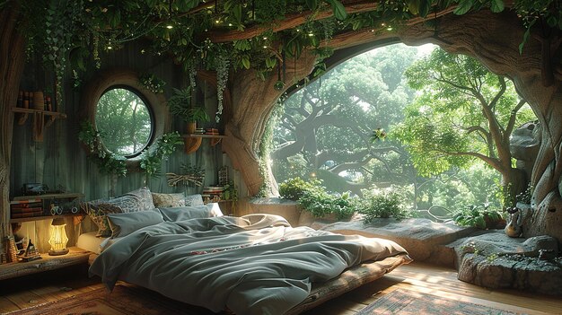 Foto concepto de dormitorio de naturaleza respetuoso con el medio ambiente