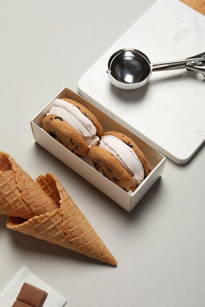 Concepto de dulces galletas sabrosas con helado