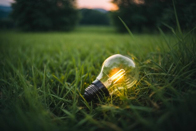 concepto eco cerca de la bombilla en la hierba verde con puesta de sol y fondo bokeh