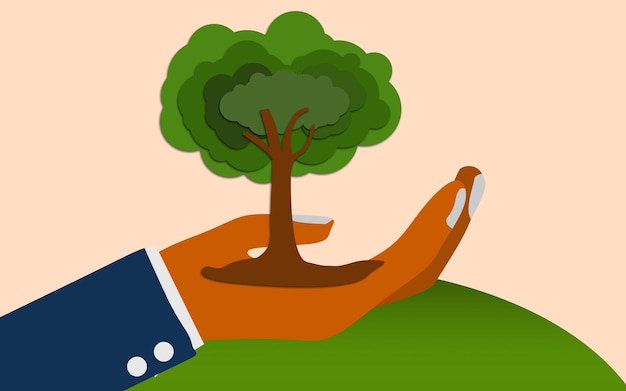 Concepto de ecología con árbol de mano