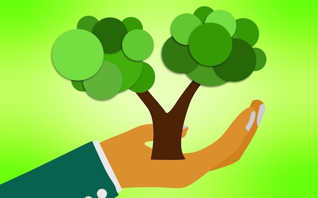 Concepto de ecología con árbol de mano